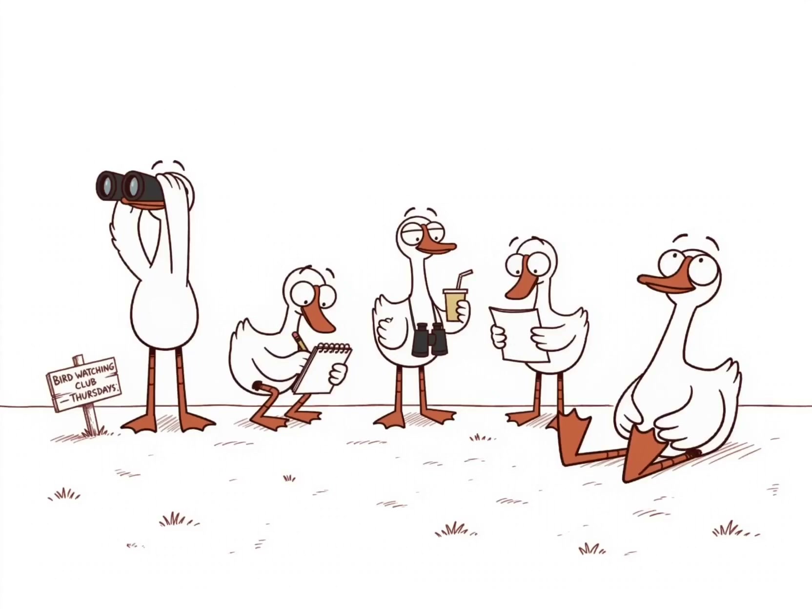 hand-drawn illustration of five ducks on a bird-watching outing, one holding binoculars, one taking notes, one holding a drink and binoculars, one reading a map, next to a sign that reads 'bird watching club — thursdays'