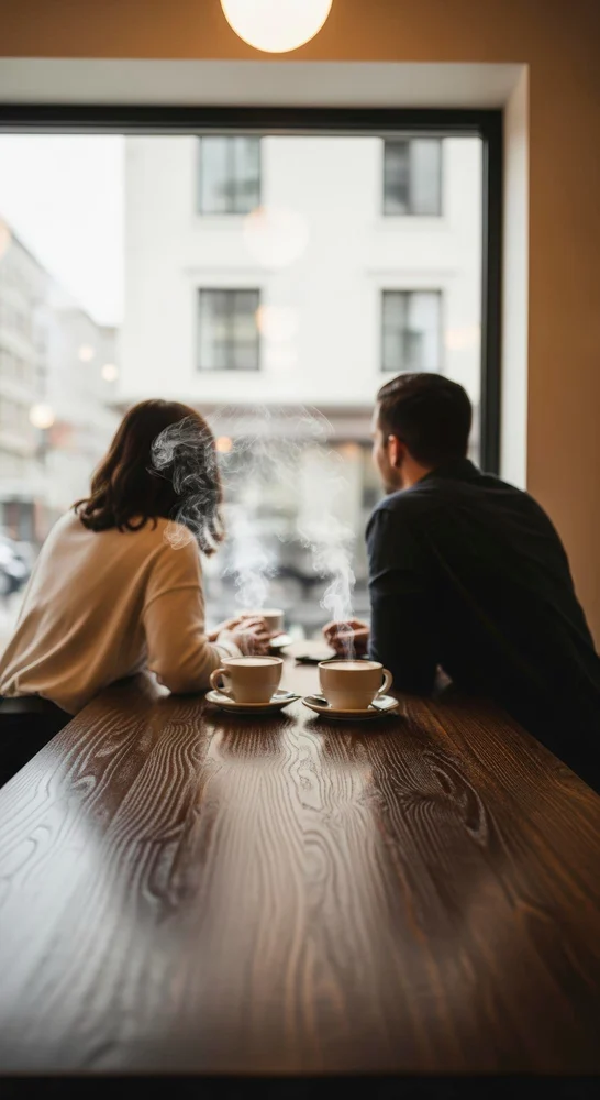 Two people at a café table, seen from behind